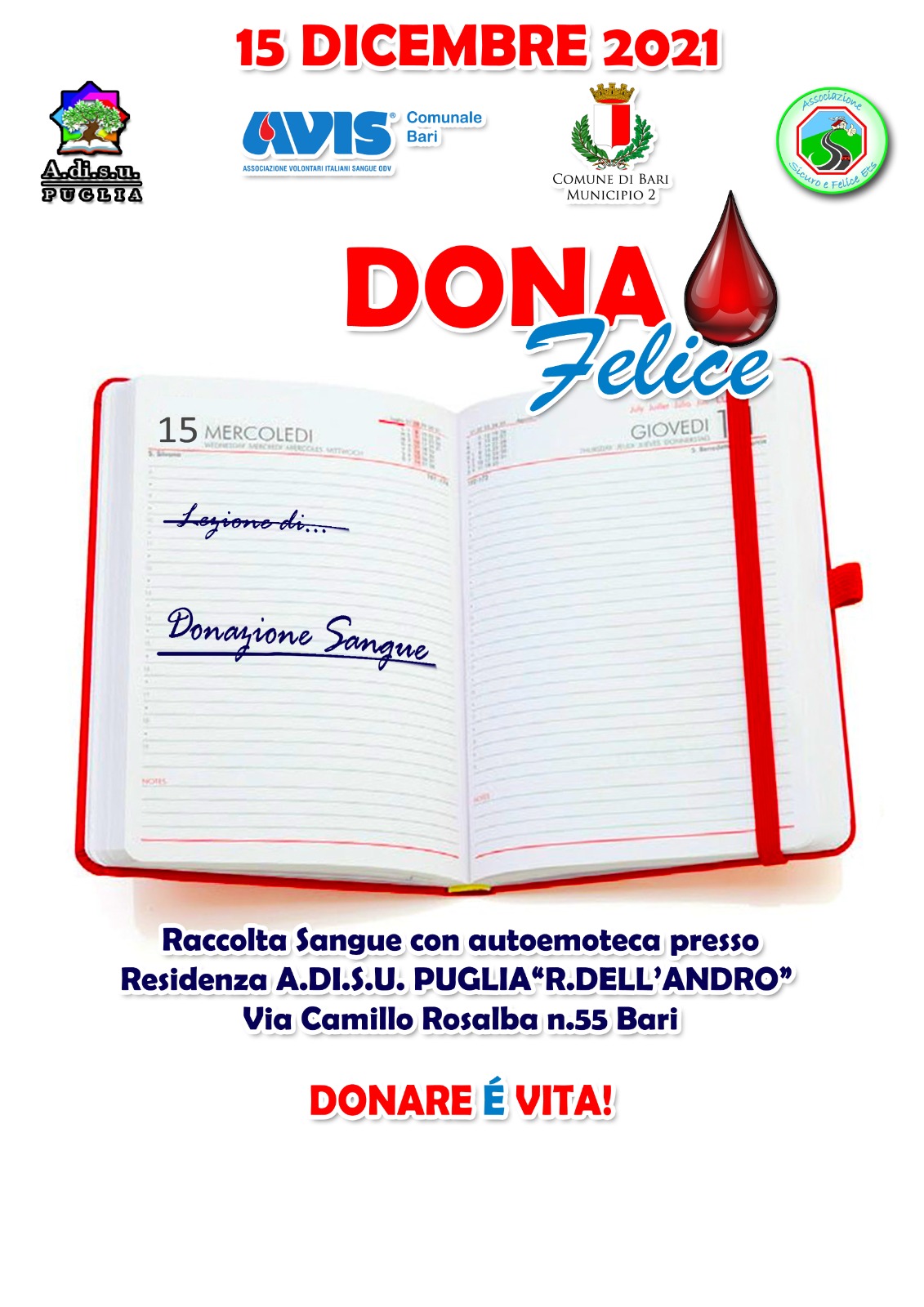 Il 15 dicembre raccolta sangue presso il Collegio Dell�Andro a Bari